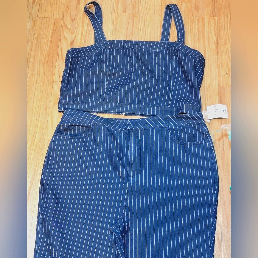 Denim Pinstriped Crop & Pant Set